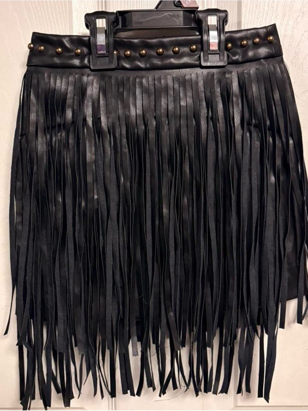 Lucky & Blessed Black Faux Leather Fringe Skirt with Studded Waist